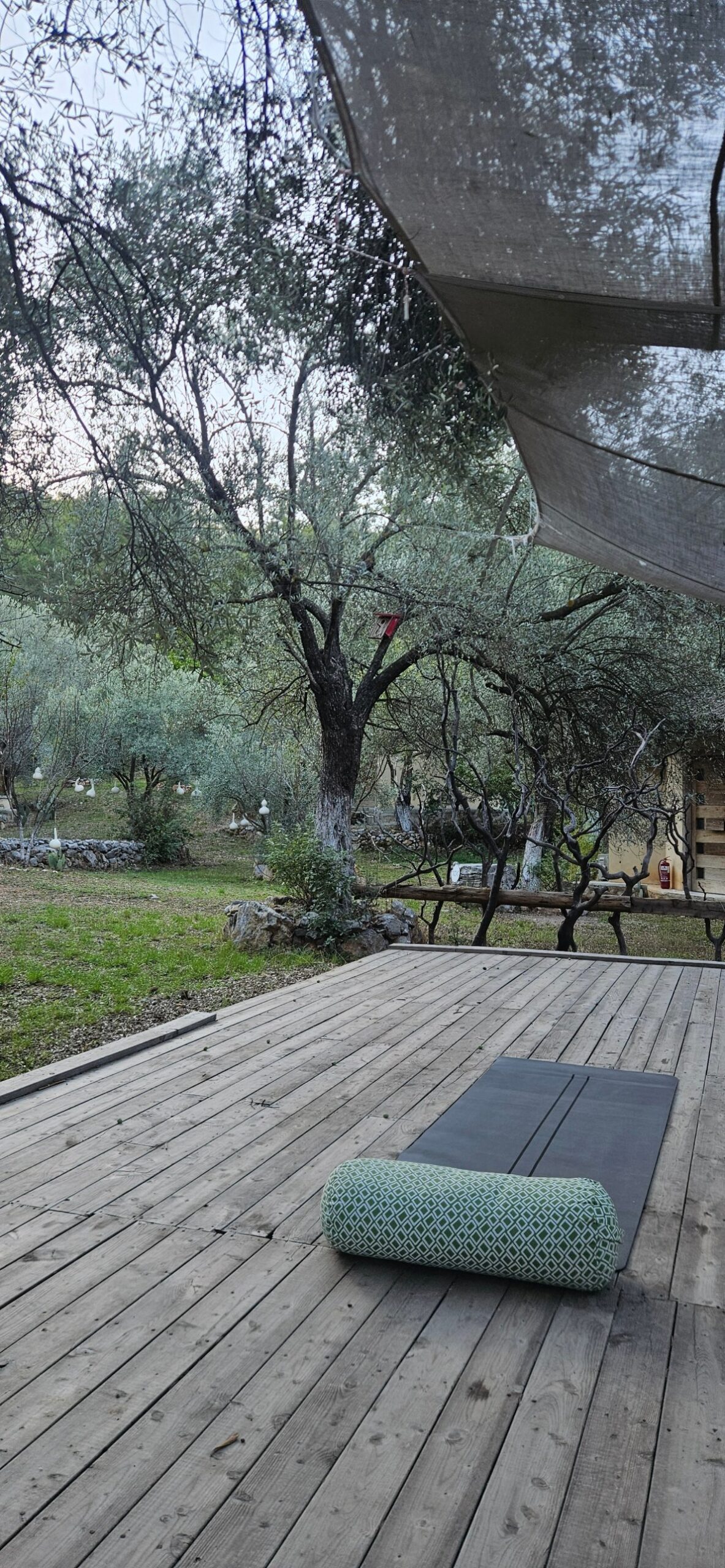 A single mat and bolster laid out on the deck in the soft early light, before anyone's up