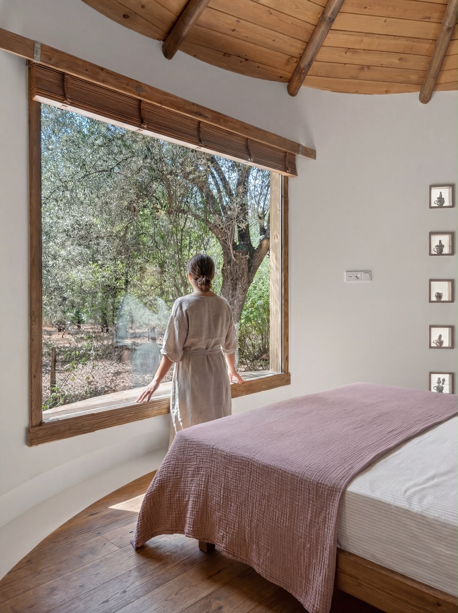 Round Deluxe bedroom with wood dome ceiling and terracotta bedspread
